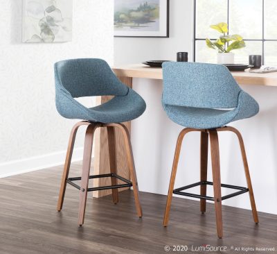 Fabrico Mid-Century Modern Walnut Blue Counter Stool (Set of 2) (Set of 2)