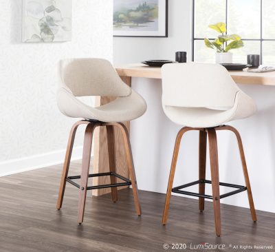 Fabrico Walnut Cream Mid-Century Modern Counter Stools 26-Inch (Set of 2)