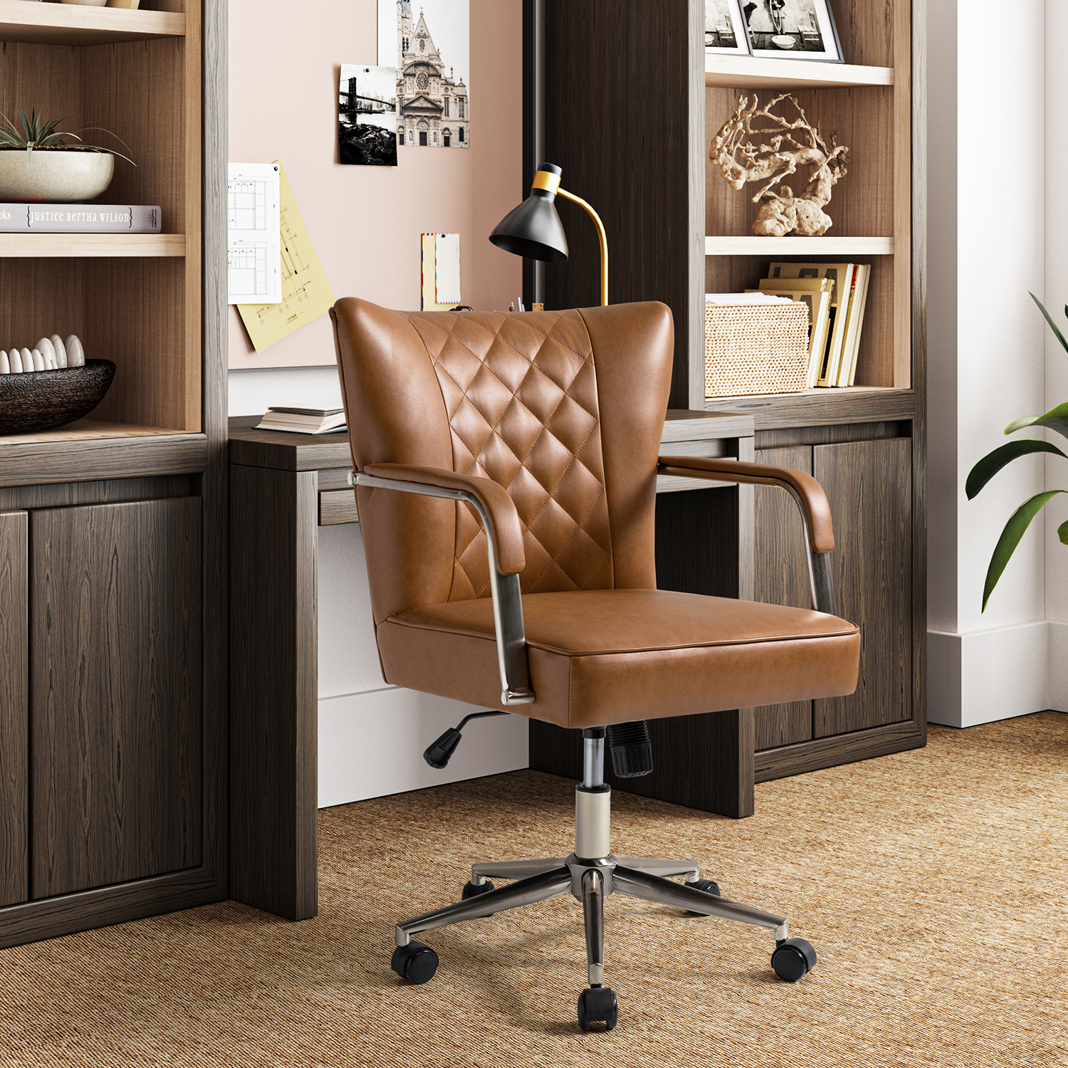 Fabrizius Brown Vegan Leather Diamond Tufted Swivel Office Chair 1 Fabrizius Brown Vegan Leather Diamond Tufted Swivel Office Chair