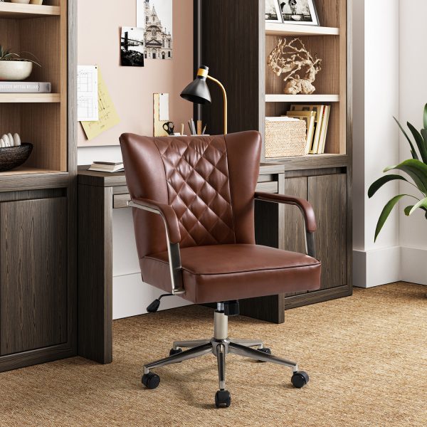 Fabrizius Brown Vegan Leather Diamond Tufted Swivel Task Chair