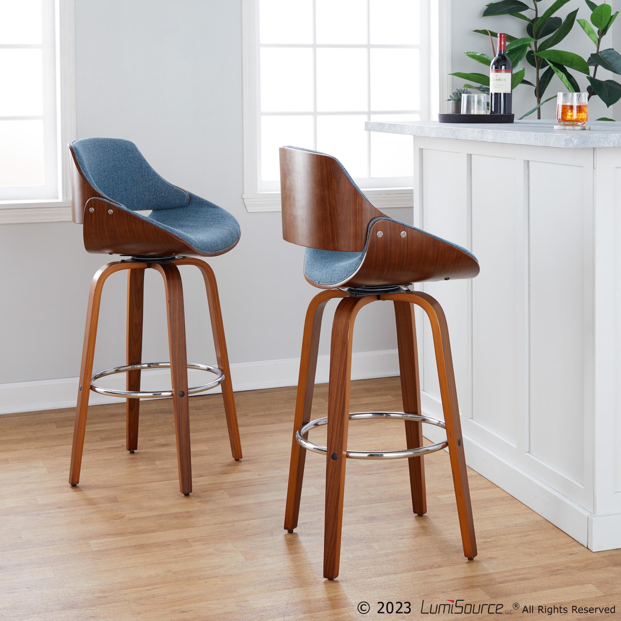 Fabrizzi 30 Mid-Century Modern Blue Swivel Barstool Pair (Set of 2) 2 Fabrizzi 30 Mid-Century Modern Blue Swivel Barstool Pair (Set of 2) - Image 2