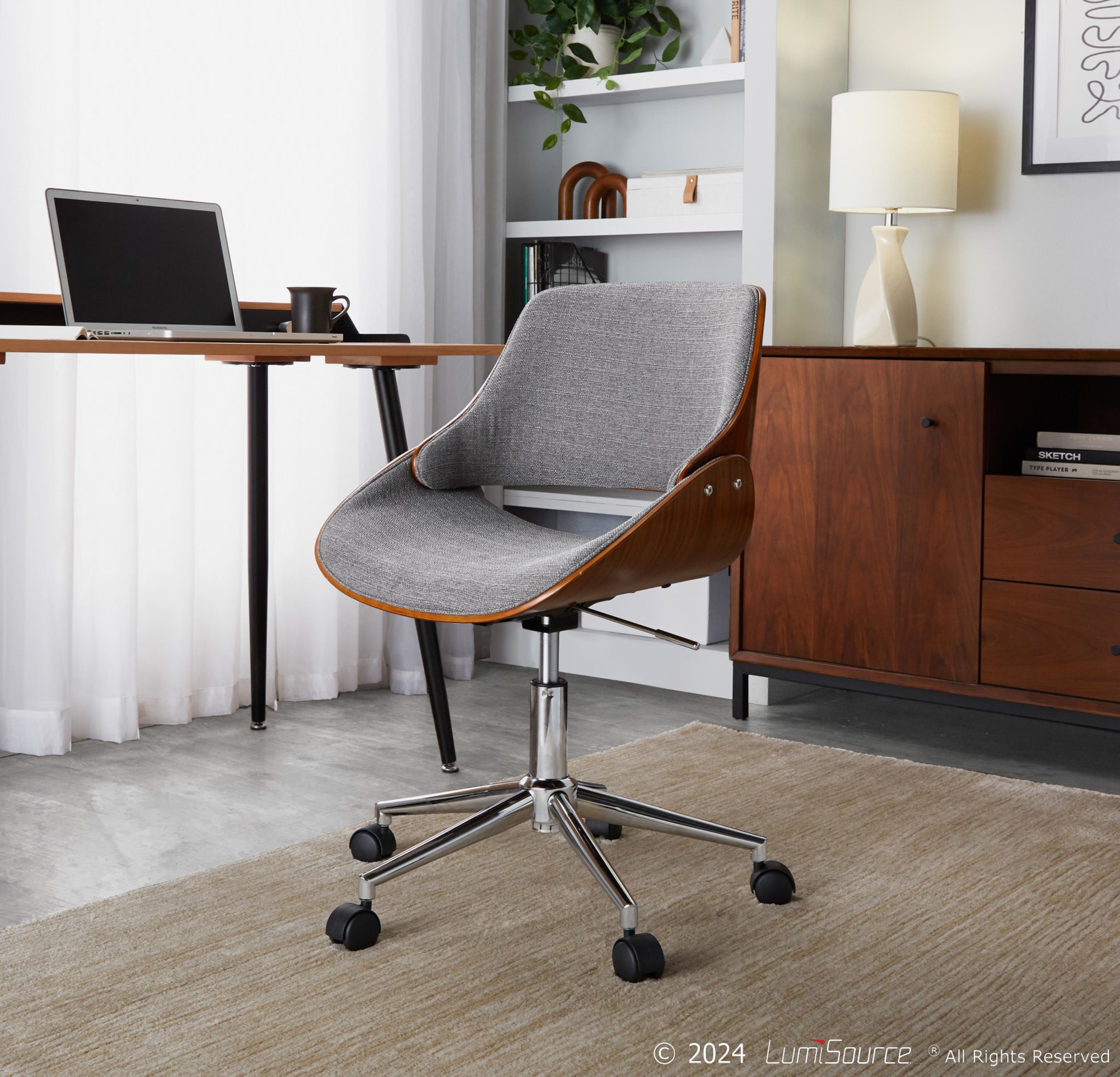 Fabrizzi Contemporary Chrome, Walnut, and Grey Fabric Office Chair 1 Fabrizzi Contemporary Chrome, Walnut, and Grey Fabric Office Chair