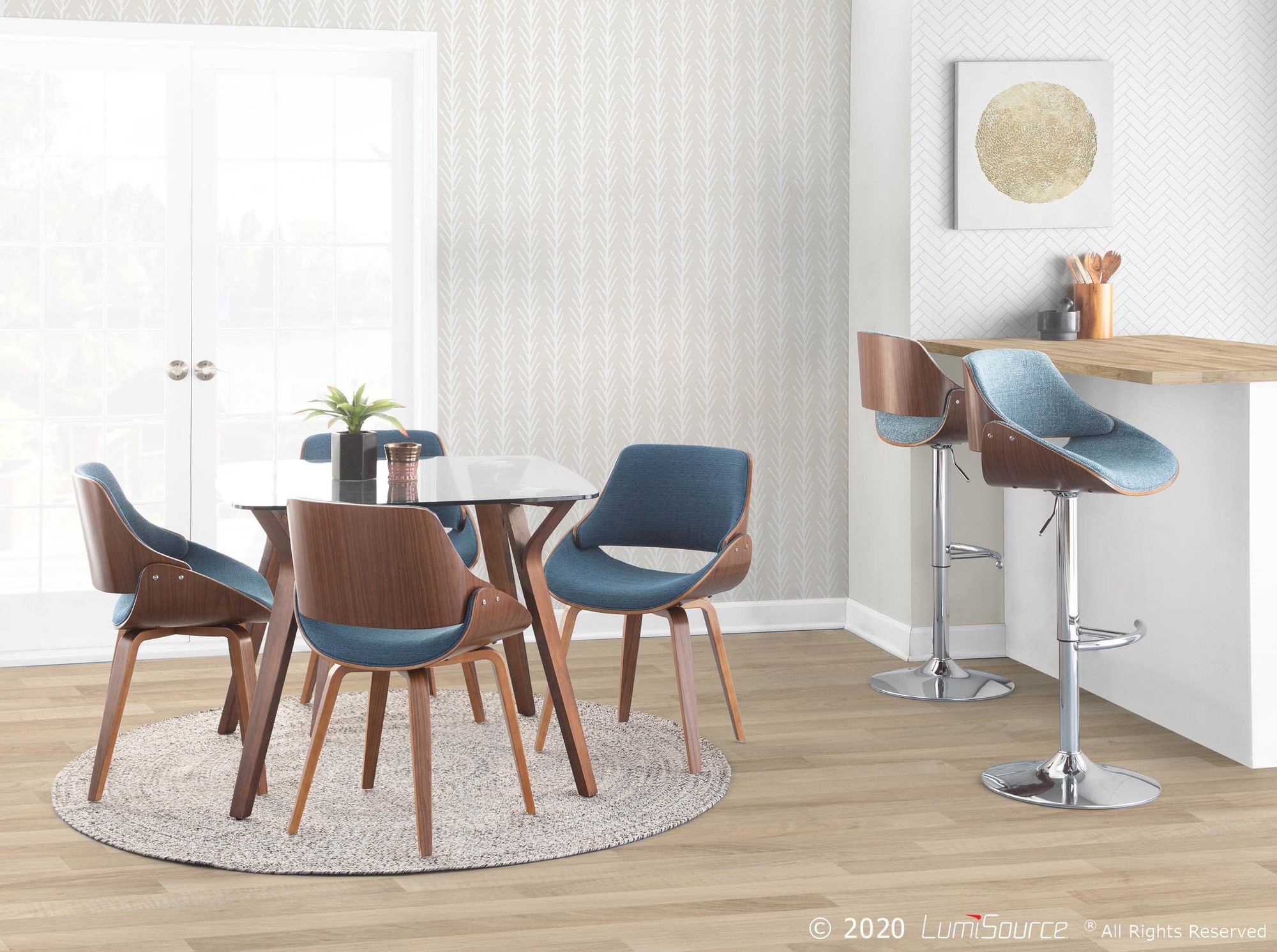 Fabrizzi Mid-Century Modern Swivel Adjustable Barstools Walnut Blue (Set of 2) (Set of 2) 2 Fabrizzi Mid-Century Modern Swivel Adjustable Barstools Walnut Blue (Set of 2) (Set of 2) - Image 2