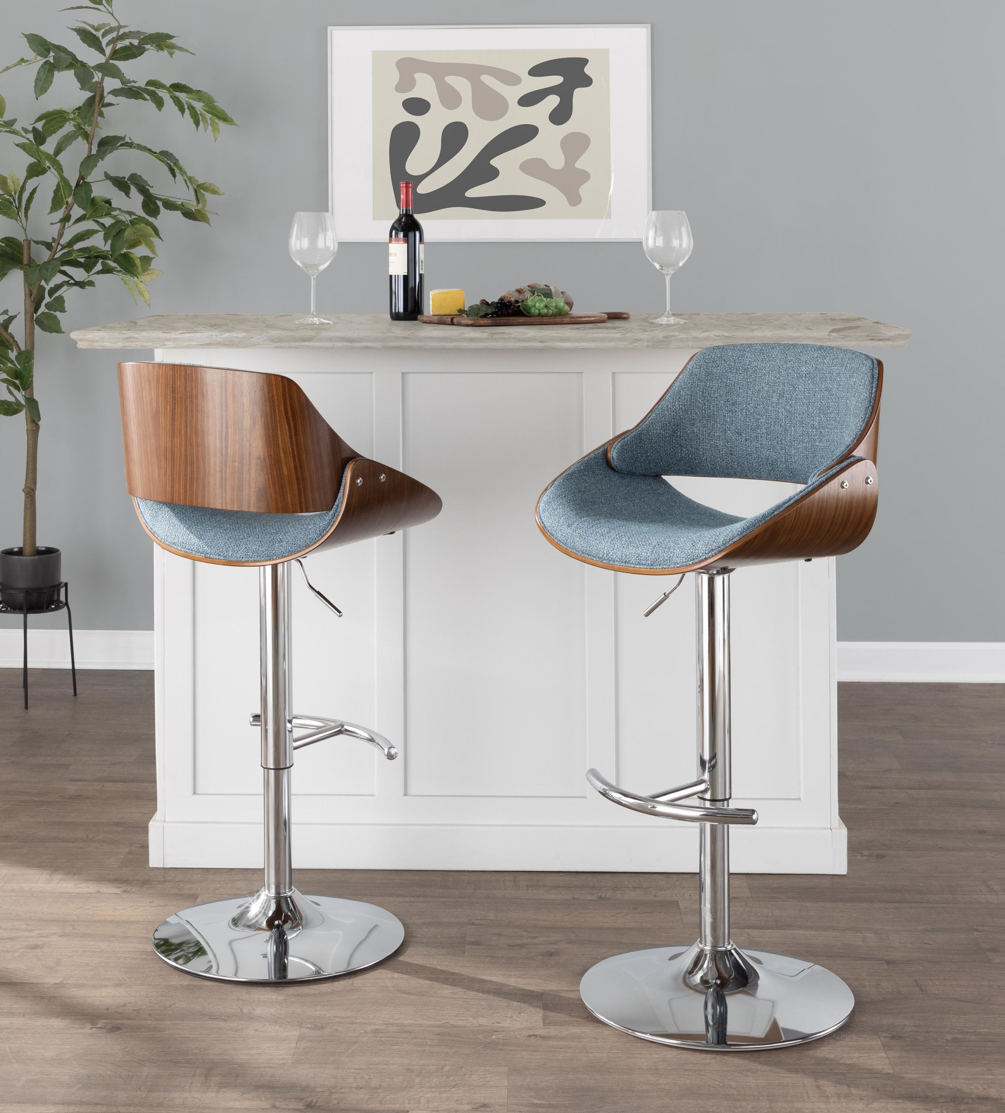 Fabrizzi Mid-Century Modern Swivel Adjustable Barstools Walnut Blue (Set of 2) (Set of 2) 3 Fabrizzi Mid-Century Modern Swivel Adjustable Barstools Walnut Blue (Set of 2) (Set of 2) - Image 3