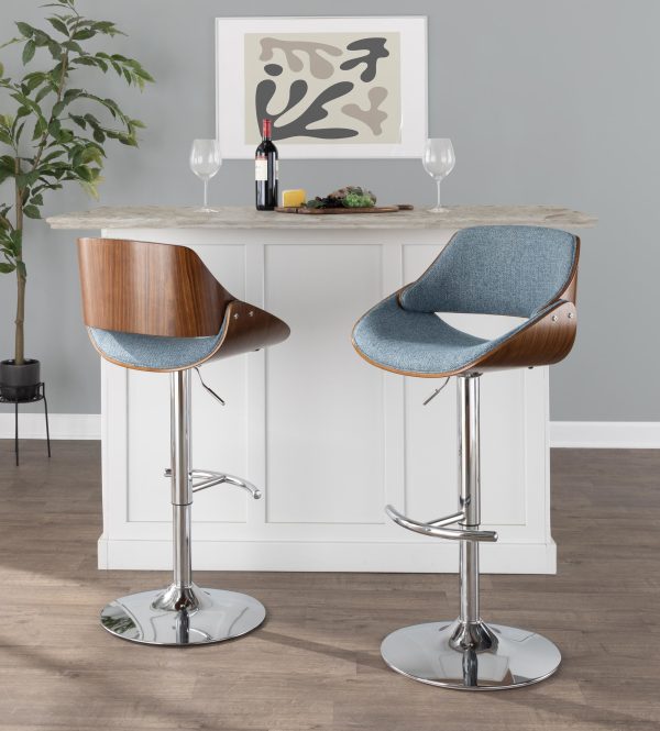 Fabrizzi Mid Century Modern Walnut and Blue Adjustable Barstool 3