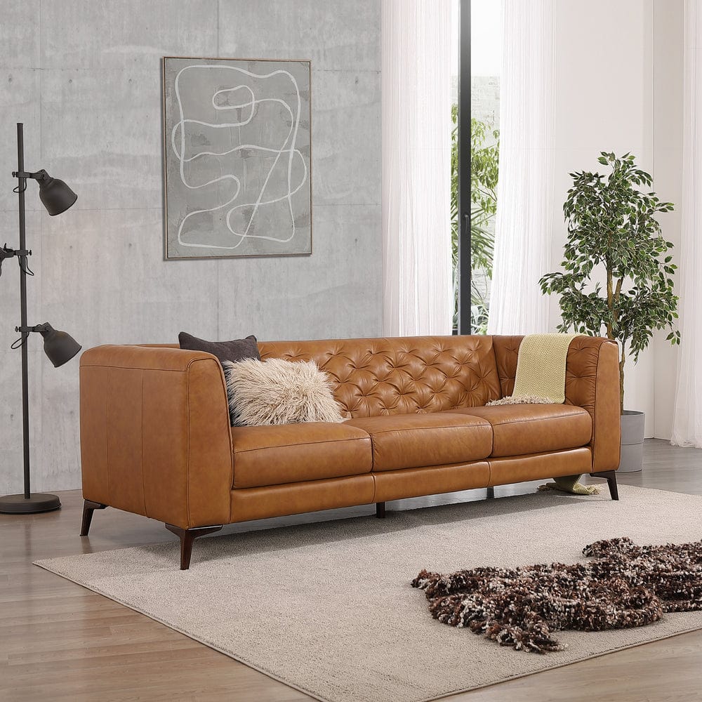 Brown Italian Leather Sofa with Tufted Design and Wooden Legs 3 Brown Italian Leather Sofa with Tufted Design and Wooden Legs - Image 3