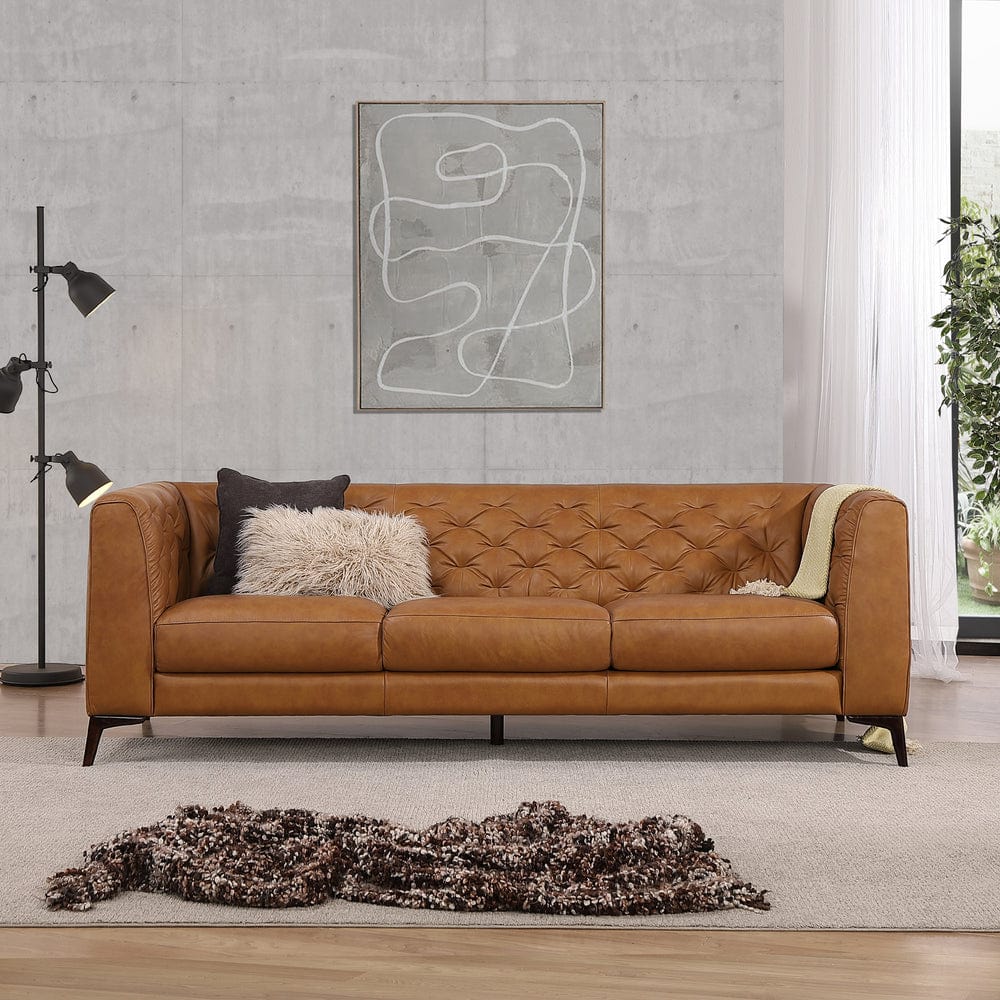Brown Italian Leather Sofa with Tufted Design and Wooden Legs 2 Brown Italian Leather Sofa with Tufted Design and Wooden Legs - Image 2