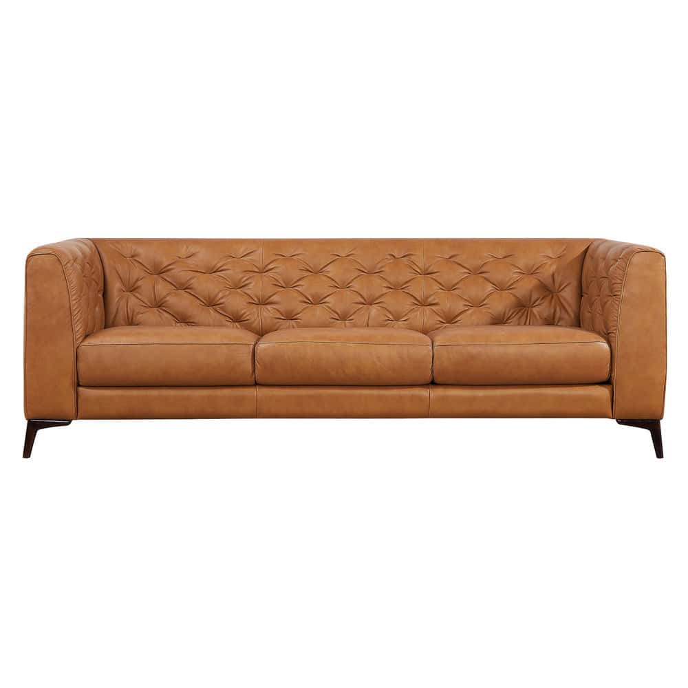 Brown Italian Leather Sofa with Tufted Design and Wooden Legs 1 Brown Italian Leather Sofa with Tufted Design and Wooden Legs