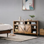 Farmhouse Sliding Barn Door TV Stand with Adjustable Shelves