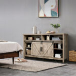 Farmhouse Sliding Barn Door TV Stand with Adjustable Shelves