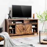Farmhouse Sliding Barn Door TV Stand with Adjustable Shelves