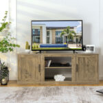 Farmhouse TV Stand with Adjustable Shelves and Faux Fireplace Slot