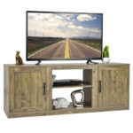Farmhouse TV Stand with Adjustable Shelves and Faux Fireplace Slot