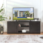 Farmhouse TV Stand with Adjustable Shelves and Faux Fireplace Slot
