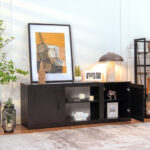 Farmhouse TV Stand with Adjustable Shelves and Faux Fireplace Slot