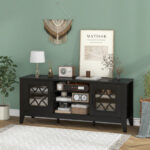 Farmhouse TV Stand with Glass Doors and Adjustable Shelves