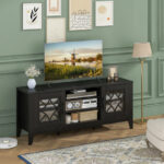 Farmhouse TV Stand with Glass Doors and Adjustable Shelves