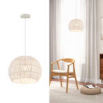 Round Farmhouse Rattan Pendant Light with Adjustable Rope Beige