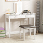 Gray and White Faux Leather Vanity Stools with Wood Legs (Set of 2) 8 Gray and White Faux Leather Vanity Stools with Wood Legs (Set of 2)