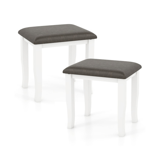 Gray and White Faux Leather Vanity Stools with Wood Legs (Set of 2) 3 Gray and White Faux Leather Vanity Stools with Wood Legs (Set of 2) - Image 3