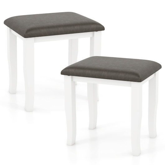 Gray and White Faux Leather Vanity Stools with Wood Legs (Set of 2) 4 Gray and White Faux Leather Vanity Stools with Wood Legs (Set of 2) - Image 4