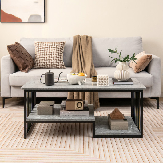 Gray Faux Marble Coffee Table with Open Shelves and Metal Frame 2 Gray Faux Marble Coffee Table with Open Shelves and Metal Frame - Image 2