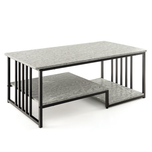 Gray Faux Marble Coffee Table with Open Shelves and Metal Frame 3 Gray Faux Marble Coffee Table with Open Shelves and Metal Frame - Image 3