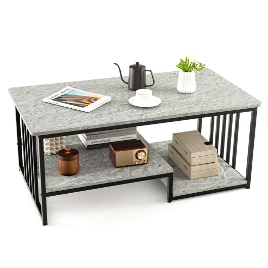 Gray Faux Marble Coffee Table with Open Shelves and Metal Frame 4 Gray Faux Marble Coffee Table with Open Shelves and Metal Frame - Image 4