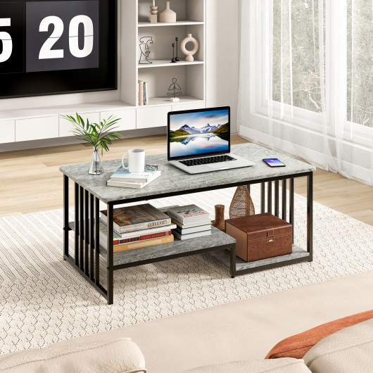Gray Faux Marble Coffee Table with Open Shelves and Metal Frame 6 Gray Faux Marble Coffee Table with Open Shelves and Metal Frame - Image 6