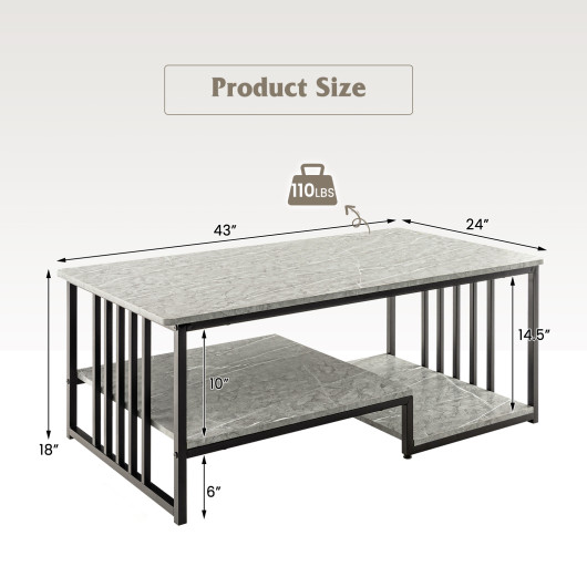 Gray Faux Marble Coffee Table with Open Shelves and Metal Frame 5 Gray Faux Marble Coffee Table with Open Shelves and Metal Frame - Image 5