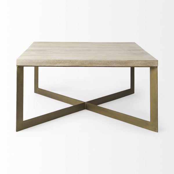 Faye 34L x 34W x 17H Beige Finished Wood WGold Metal Base Square Coffee Table 4
