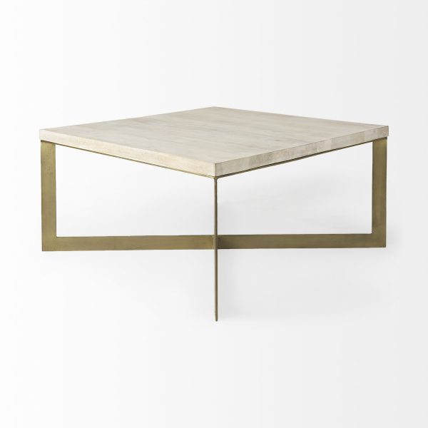 Faye 34L x 34W x 17H Beige Finished Wood WGold Metal Base Square Coffee Table 6