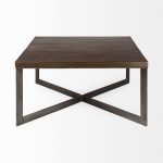 Faye 34L x 34W x 17H Medium Brown Wood W/Antique Nickel Metal Base Square Coffee Table