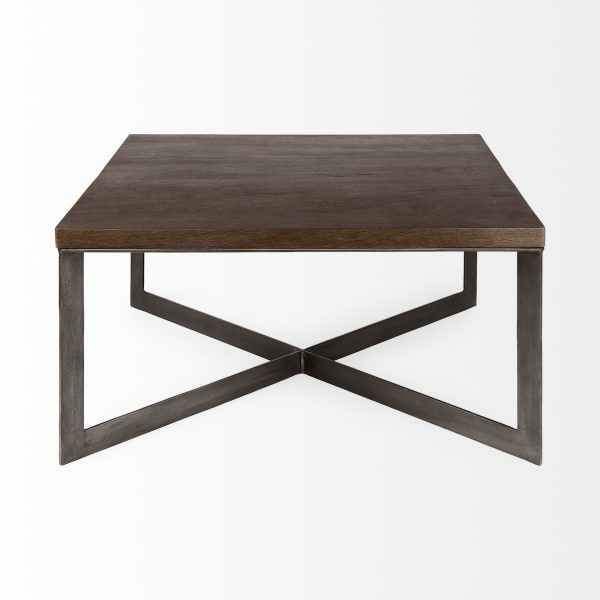 Faye 34L x 34W x 17H Medium Brown Wood WAntique Nickel Metal Base Square Coffee Table 2