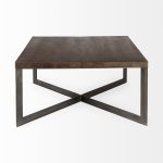 Faye 34L x 34W x 17H Medium Brown Wood W/Antique Nickel Metal Base Square Coffee Table