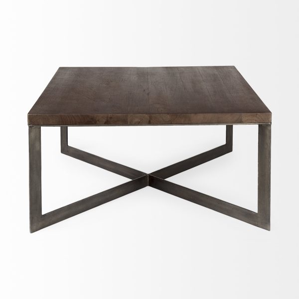 Faye 34L x 34W x 17H Medium Brown Wood WAntique Nickel Metal Base Square Coffee Table 3