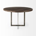 Faye I 48L x 48W x 30H Medium Brown Wood W/Antique Nickel Metal Base Round Dining Table