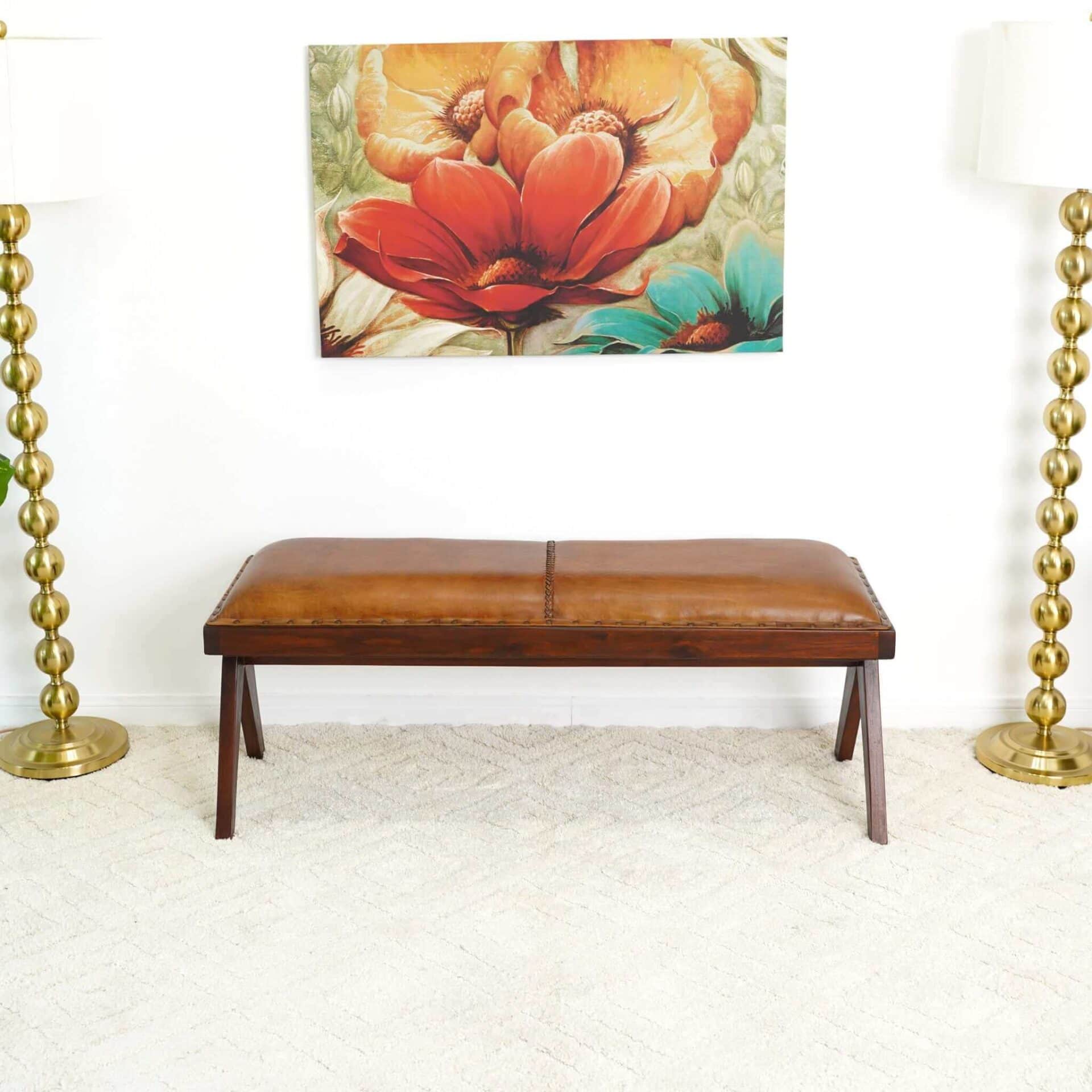 Mid Century Modern Tan Leather Bench With Wood Legs 2 Mid Century Modern Tan Leather Bench With Wood Legs - Image 2