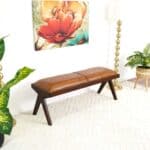 Mid Century Modern Tan Leather Bench With Wood Legs