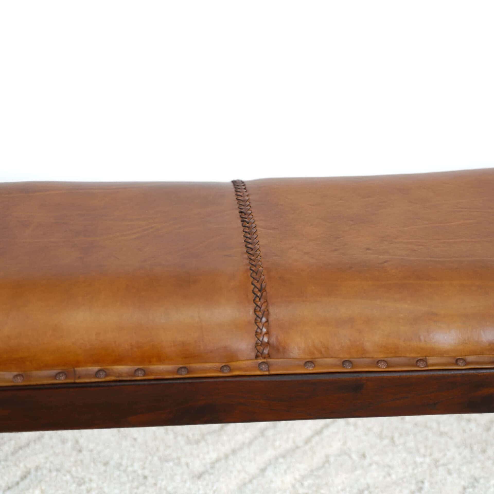 Mid Century Modern Tan Leather Bench With Wood Legs 3 Mid Century Modern Tan Leather Bench With Wood Legs - Image 3
