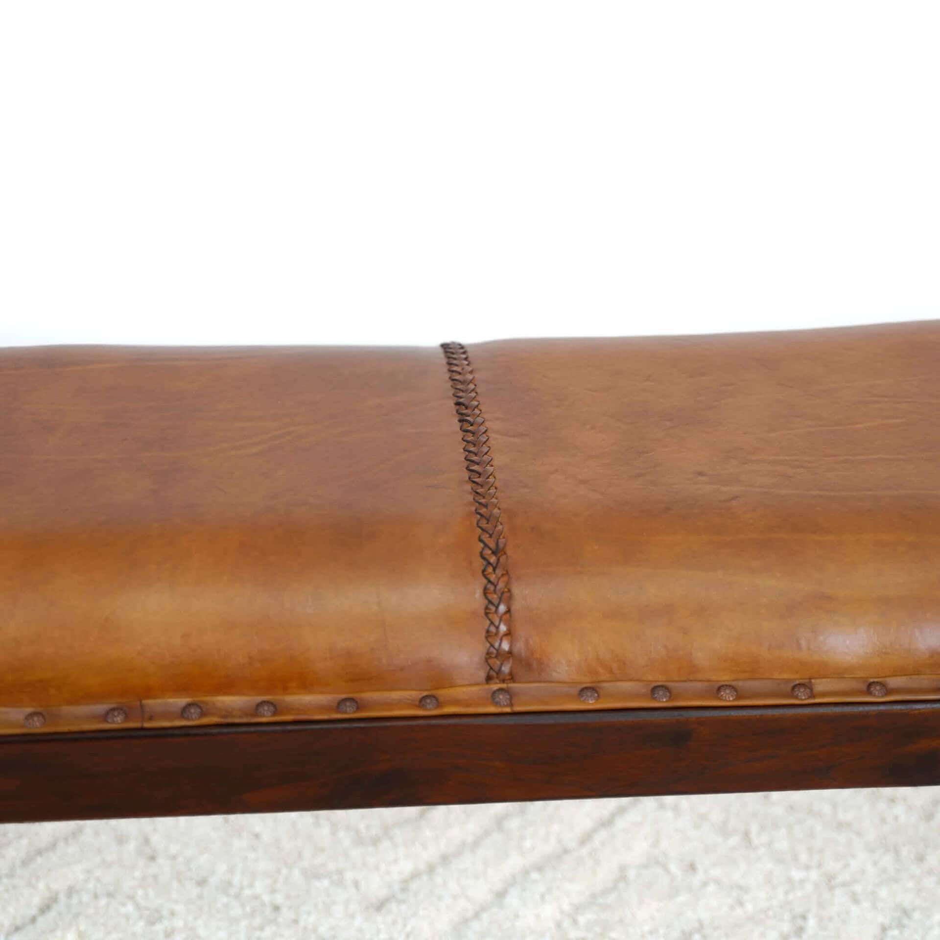 Mid Century Modern Tan Leather Bench With Wood Legs 9 Mid Century Modern Tan Leather Bench With Wood Legs