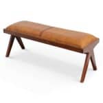 Mid Century Modern Tan Leather Bench With Wood Legs