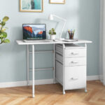 Folding Computer Desk with Drawers and Wheels for Home Office