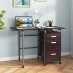 Folding Computer Desk with Drawers and Wheels for Home Office