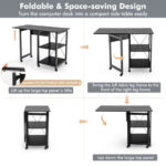 Folding Computer Desk with Storage Shelves and Lockable Wheels