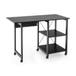 Folding Computer Desk with Storage Shelves and Lockable Wheels
