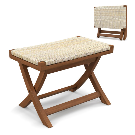 Folding Rattan Ottoman with Teak Wood Frame and Saddle Seat 4 Folding Rattan Ottoman with Teak Wood Frame and Saddle Seat - Image 4