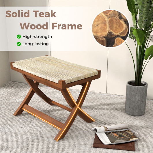 Folding Rattan Ottoman with Teak Wood Frame and Saddle Seat 7 Folding Rattan Ottoman with Teak Wood Frame and Saddle Seat - Image 7