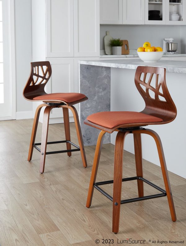 Folia 24 Orange Mid Century Modern Swivel Counter Stools Set of 2 1