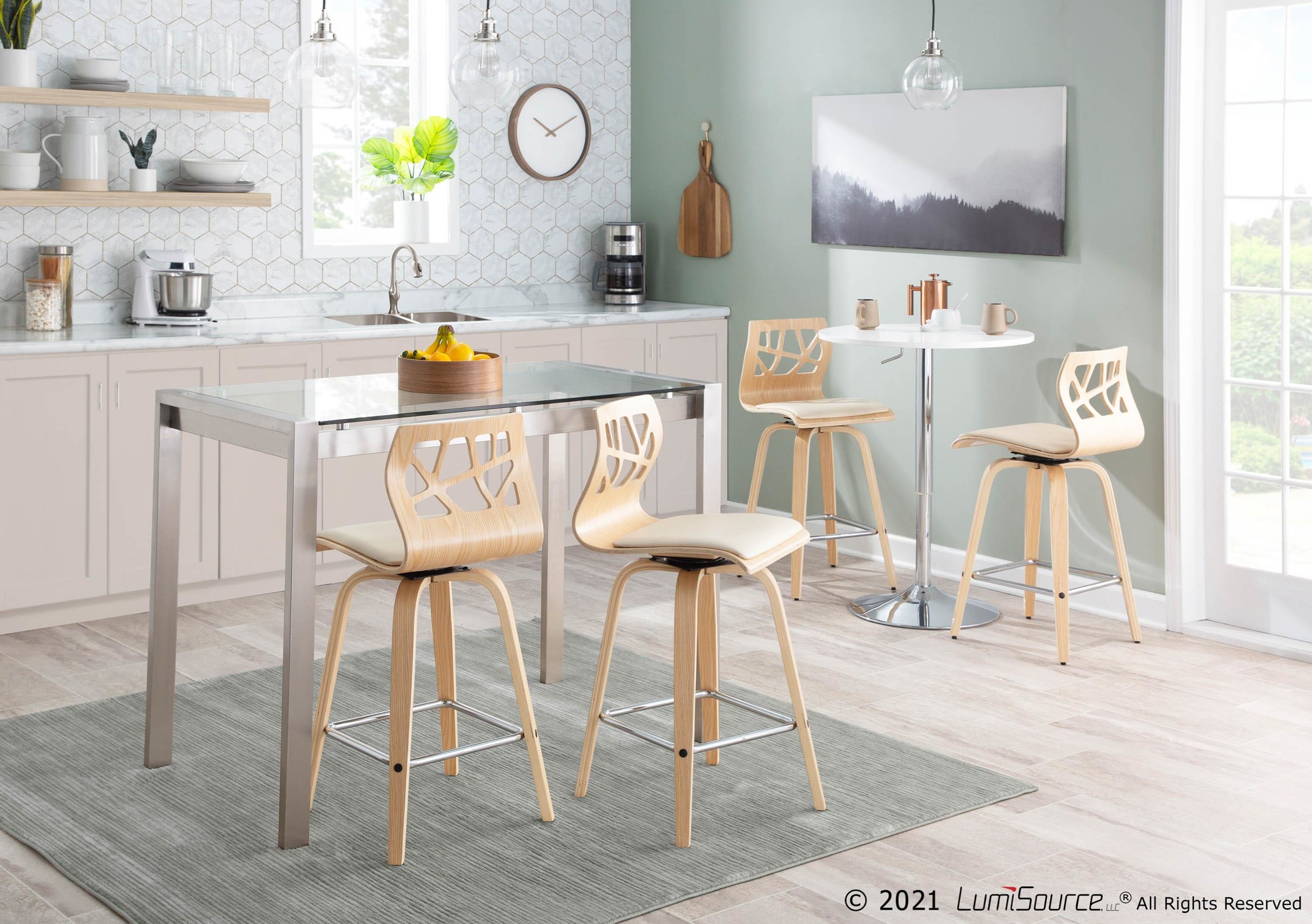 Folia 26-Inch Natural Wood Cream Mid-Century Counter Stools (Set of 2) 1 Folia 26-Inch Natural Wood Cream Mid-Century Counter Stools (Set of 2)